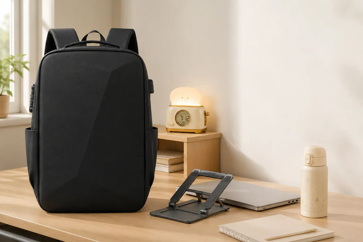 Sac à dos antivol, support ordinateur, gourde enfant et réveil veilleuse dans un espace de travail organisé