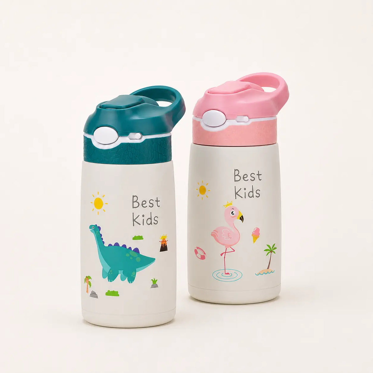 Gourdes isothermes enfant 400 ml avec paille, modèles dinosaure vert et flamant rose