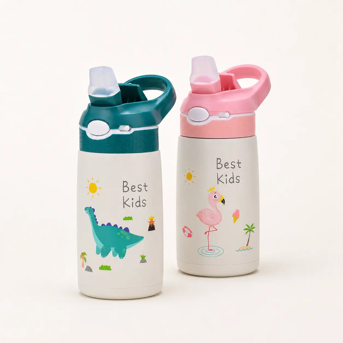 Gourdes isothermes enfant 400 ml avec paille ouverte, modèles dinosaure vert et flamant rose