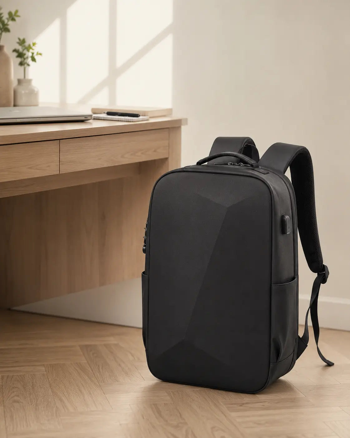 Sac à dos antivol noir à coque structurée avec port USB près d’un bureau