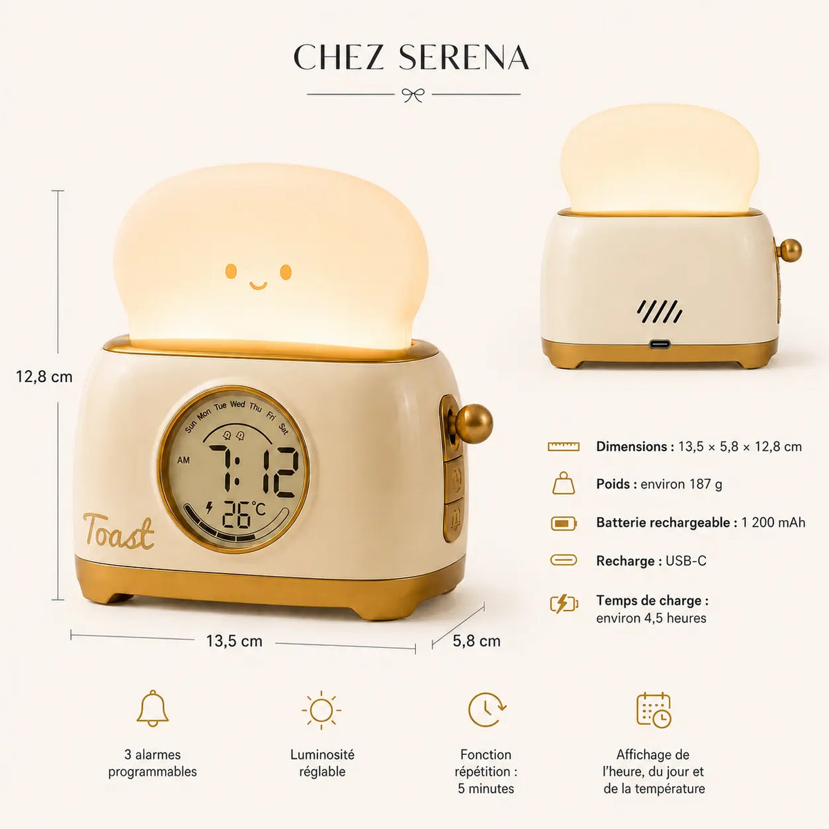 Caractéristiques du réveil veilleuse enfant avec dimensions, batterie rechargeable et port USB-C