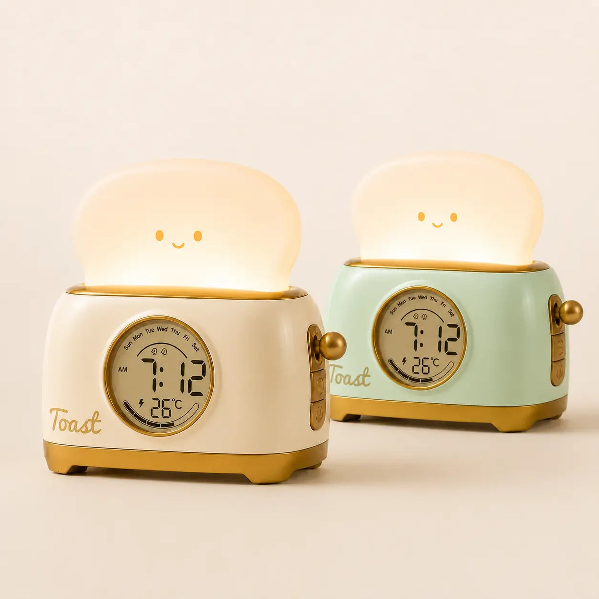 Réveil veilleuse enfant en coloris crème et vert pastel avec lumière douce