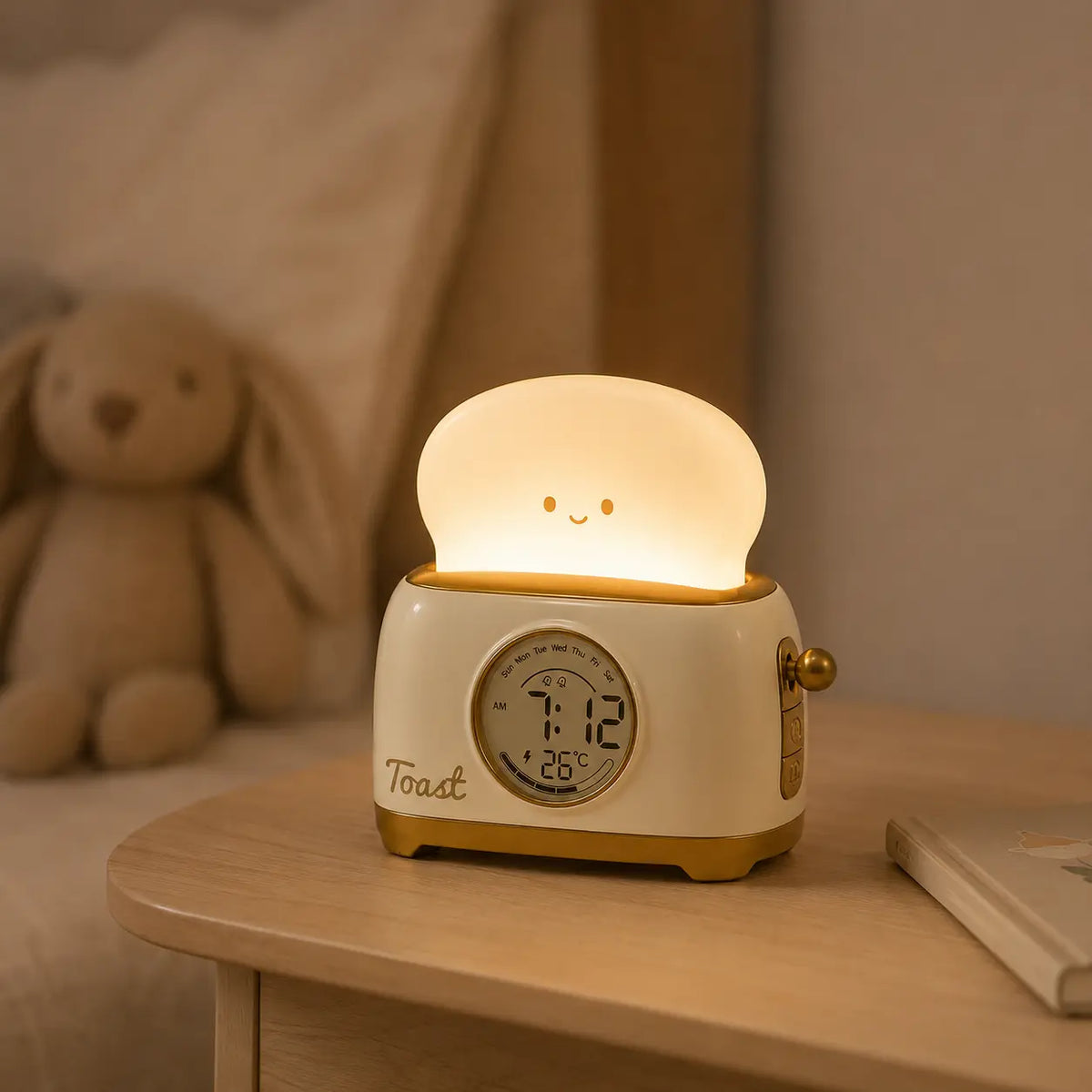 Réveil veilleuse enfant posé sur une table de chevet avec lumière douce dans une chambre