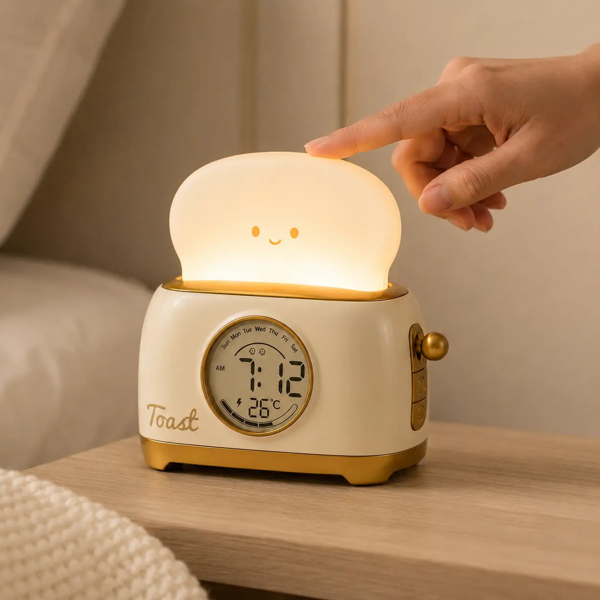 Main appuyant sur la veilleuse du réveil enfant pour activer la lumière ou la répétition