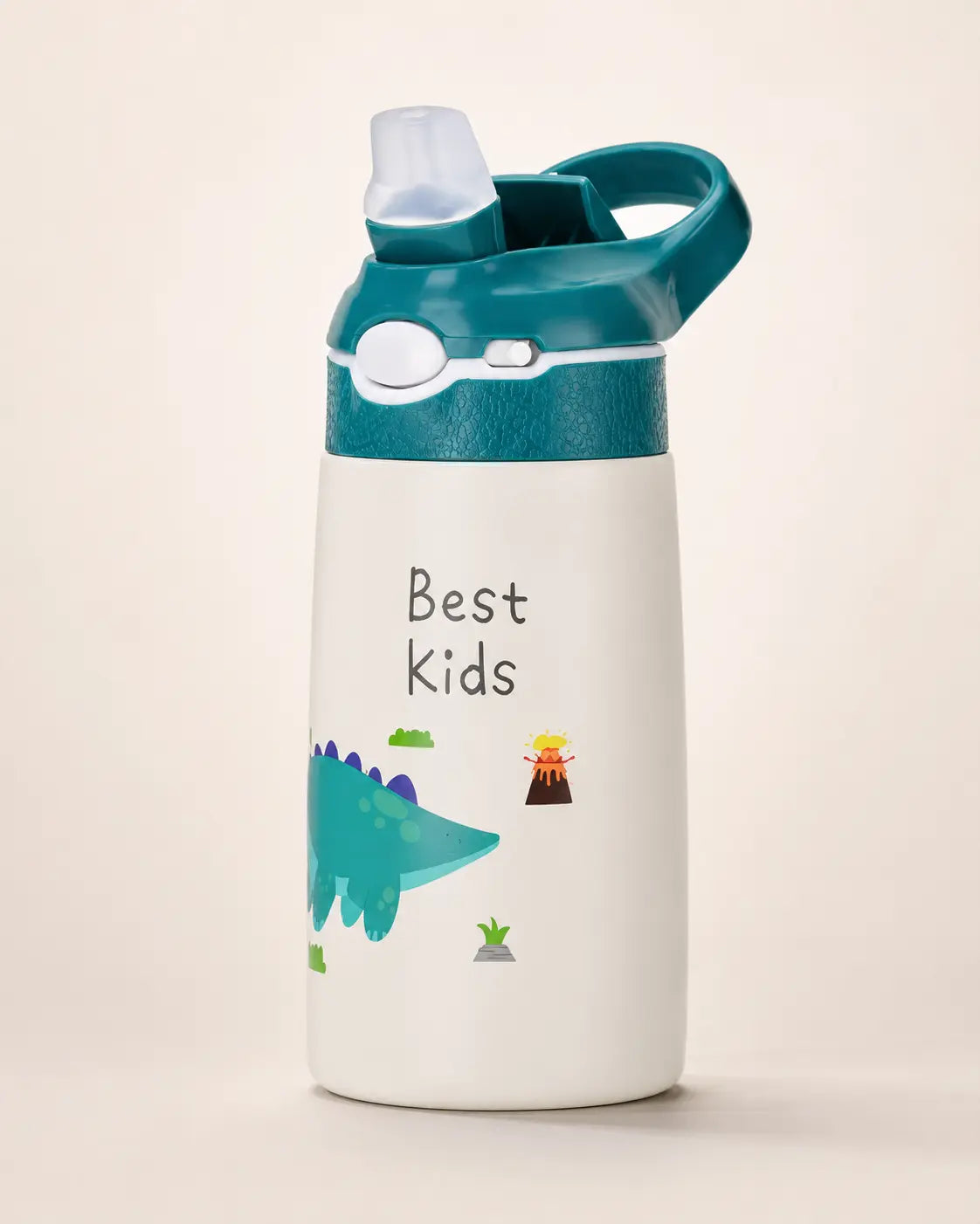 Gourde isotherme enfant de 400 ml avec couvercle vert, poignée intégrée, paille et motif dinosaure.