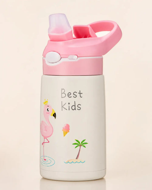 Gourde isotherme enfant de 400 ml avec couvercle rose, poignée intégrée, paille et motif flamant rose.