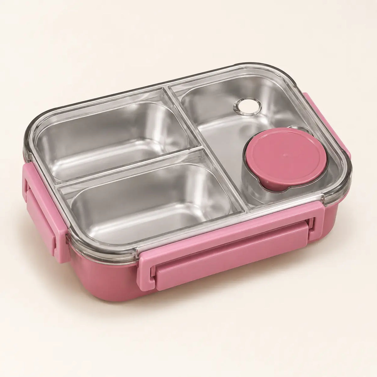 Lunch box bento enfant rose de 850 ml avec plateau en inox à trois compartiments et petit récipient.