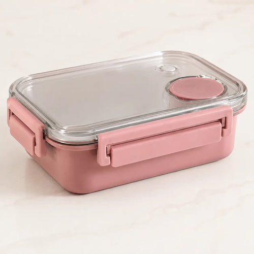Lunch box bento enfant rose de 850 ml fermée avec couvercle transparent et clips latéraux.