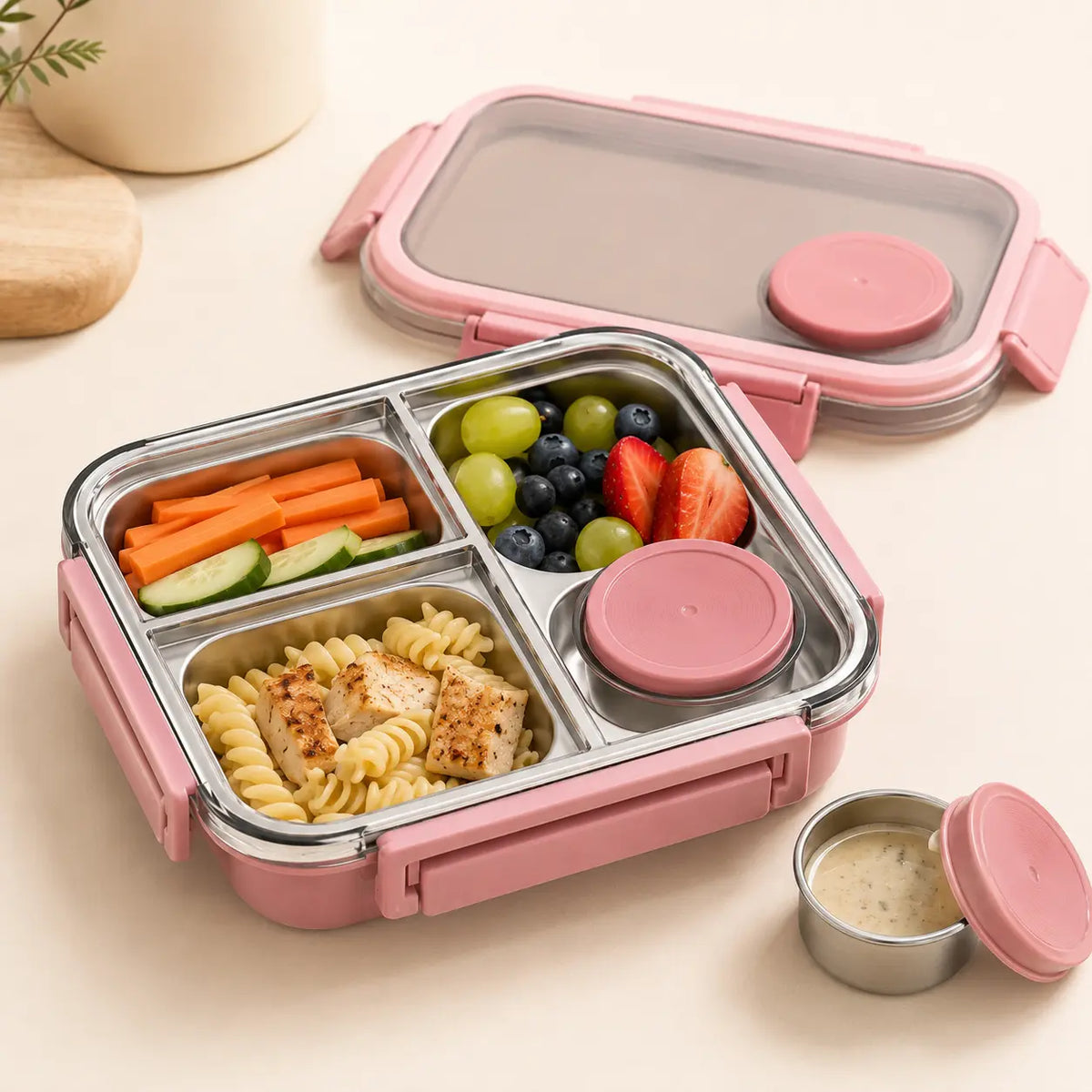 Lunch box enfant rose ouverte avec un repas réparti dans trois compartiments en acier inoxydable.