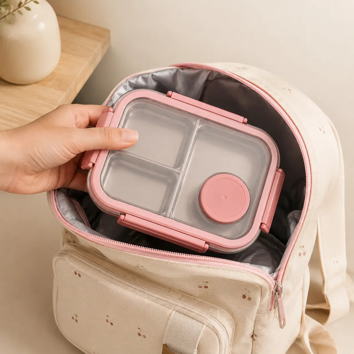Main rangeant une lunch box enfant rose fermée dans un sac pour l’école ou les déplacements.